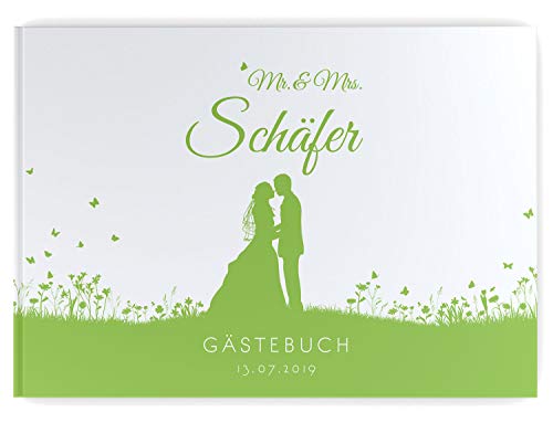 DeinWeddingshop Gästebuch Hochzeit mit Fragen - personalisiert mit Namen Datum - Brautpaar Hochzeitsgästebuch Leaf Couple (hell grün) von DeinWeddingshop