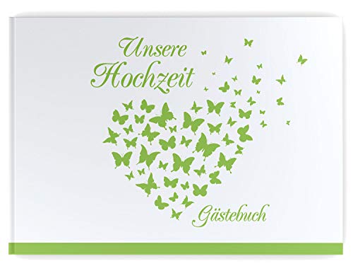 Gästebuch Hochzeit - Hardcover, ohne Fragen, A4 quer, Butterfly Heart (hell grün) von DeinWeddingshop