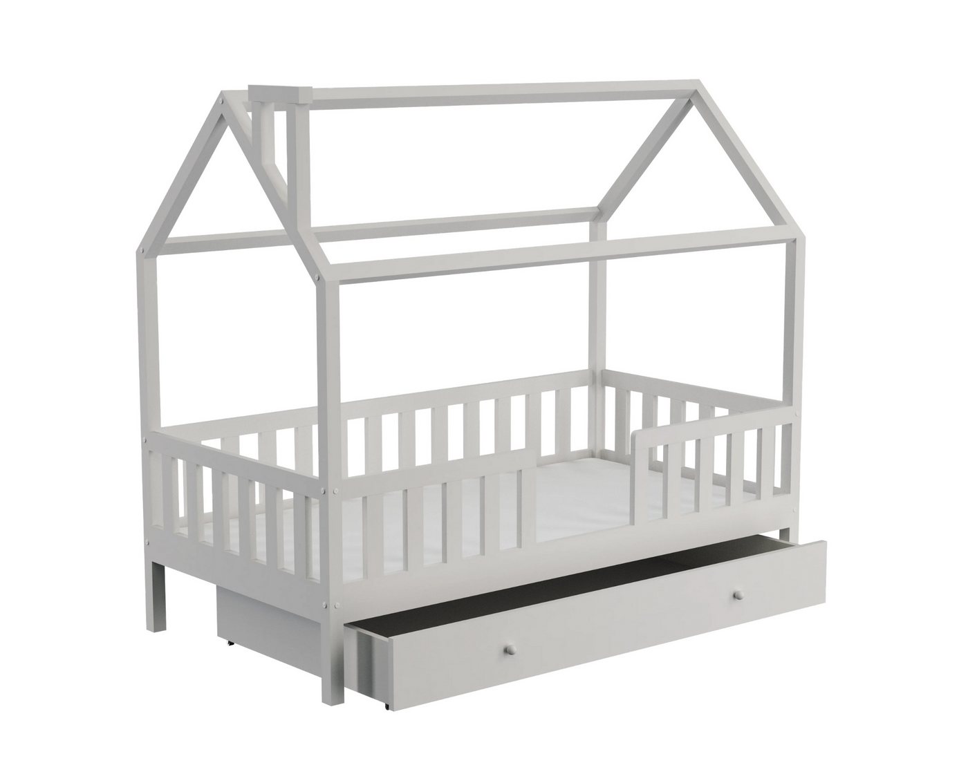 Deine Möbel 24 Hausbett Kinderbett für 2 Kinder ROSI 120x200 Weiss Grau Kiefer (inkl Schutzgitter Rausfallschutz Matratzen optional), aus Massivholz, Vollholz, massiv, Bett für 2 Kinder, inkl. Lattenrost von Deine Möbel 24