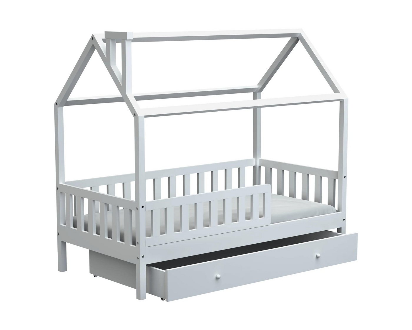 Deine Möbel 24 Hausbett Kinderbett für 2 Kinder ROSI 120x200 Weiss Grau Kiefer (inkl Schutzgitter Rausfallschutz Matratzen optional), aus Massivholz, Vollholz, massiv, Bett für 2 Kinder, inkl. Lattenrost von Deine Möbel 24