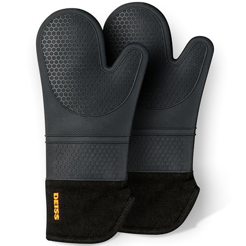 Deiss PRO Hitze- und schmutzabweisendes Silikon-Ofenhandschuh-Set, weiche, baumwollgefütterte Grillhandschuhe, wasserdicht, extra Lange, Flexible, Dicke Küchenhandschuhe zum Kochen von Deiss