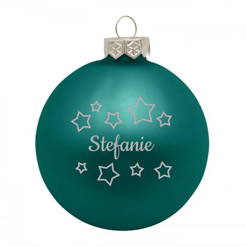 Deitert Weihnachtskugel mit Namen oder Wunschtext graviert, Ø 8cm, personalisierte Christbaumkugel aus Glas (matt), individueller Weihnachtsbaumschmuck mit Gravur, Sternen-Motiv, Petrol von Deitert