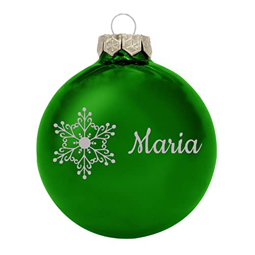 Deitert Weihnachtskugel mit Wunschtext Gravur, Ø 8cm, personalisierte Christbaumkugel aus Glas (glänzend), Individueller Weihnachtsbaumschmuck Namen oder Spruch, Schneeflocken-Motiv grün von Deitert
