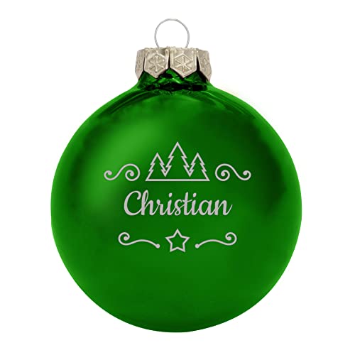 Deitert Weihnachtskugel mit Namen oder Wunschtext graviert, Ø 8cm, personalisierte Christbaumkugel aus Glas (glänzend), individueller Weihnachtsbaumschmuck mit Gravur, Tannen-Motiv, Grün von Deitert