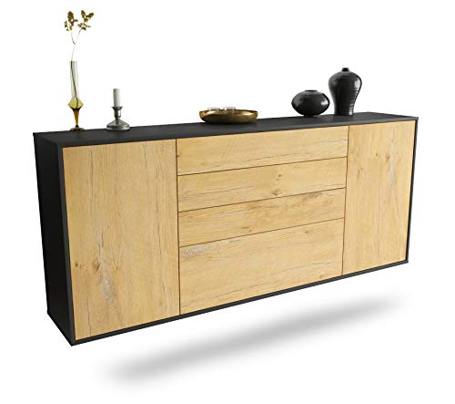 Dekati Sideboard Alexandria hängend (180x77x35cm) Korpus anthrazit matt - Front Holz-Design Eiche - Push to Open - Leichtlaufschienen von Dekati