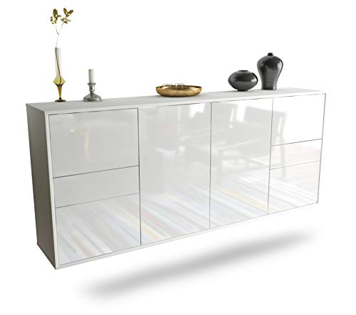 Dekati Sideboard Beaumont hängend (180x77x35cm) Korpus Weiss matt, Front Hochglanz Weiß, Push to Open, Leichtlaufschienen von Dekati