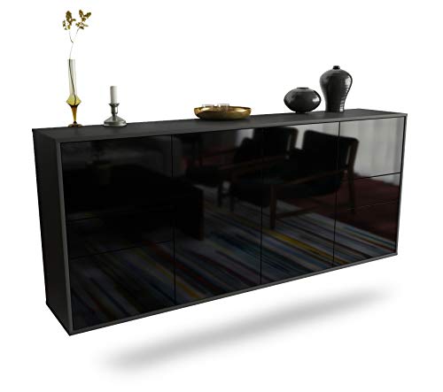 Dekati Sideboard Beaumont hängend (180x77x35cm) Korpus anthrazit matt - Front Hochglanz Schwarz - Push to Open - Leichtlaufschienen von Dekati