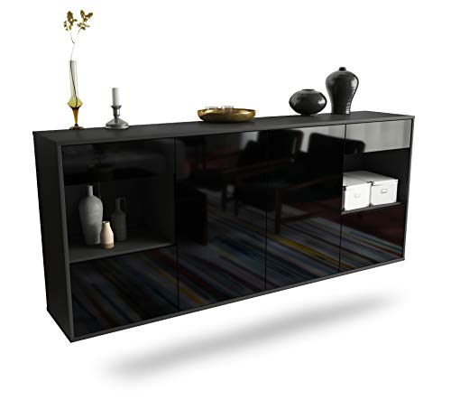 Dekati Sideboard Charleston hängend (180x77x35cm) Korpus anthrazit matt - Front Hochglanz Schwarz - Push to Open - Leichtlaufschienen von Dekati