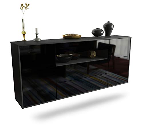 Dekati Sideboard Elizabeth hängend (180x77x35cm) Korpus anthrazit matt - Front Hochglanz Schwarz - Push to Open - Leichtlaufschienen von Dekati