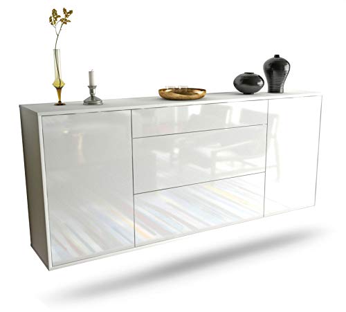 Dekati Sideboard Leipzig hängend (180x77x35cm) Korpus weiß matt - Front Hochglanz Weiß - Push to Open - Leichtlaufschienen von Dekati