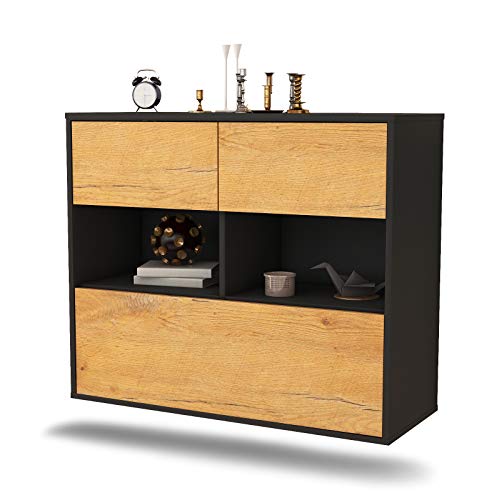 Dekati Sideboard Newport News hängend (92x77x35cm) Korpus anthrazit matt - Front Holz-Design Eiche - Push to Open von Dekati