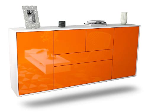 Dekati Sideboard Orange hängend (180x77x35cm) Korpus Weiss matt - Front Hochglanz Orange - Push to Open - Leichtlaufschienen von Dekati