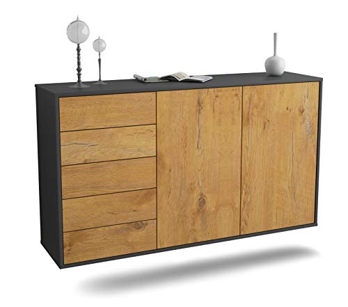 Dekati Sideboard Peoria hängend (136x77x35cm) Korpus anthrazit matt - Front Holz-Design Eiche - Push to Open - Leichtlaufschienen von Dekati