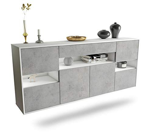 Sideboard Downey hängend (180x77x35cm) Korpus Weiss matt - Front Beton Optik - Push to Open - Leichtlaufschienen von Dekati