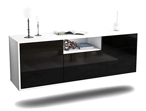 TV Schrank Lowboard hängend - Reutlingen - Korpus Weiss matt - Front Hochglanz Design Schwarz- (136x47x35cm) - Push to Open Technik & hochwertigen Leichtlaufschienen - Made in Germany von Dekati