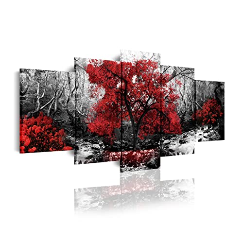 DekoArte 267 - Modernes Bild, digitalisierter Kunstdruck | Dekoratives Bild für den Salon oder das Schlafzimer | Stil Natur Schwarz weiβ mit roten Bäumen | 5 Teile 200 x 100 cm XXL von DekoArte