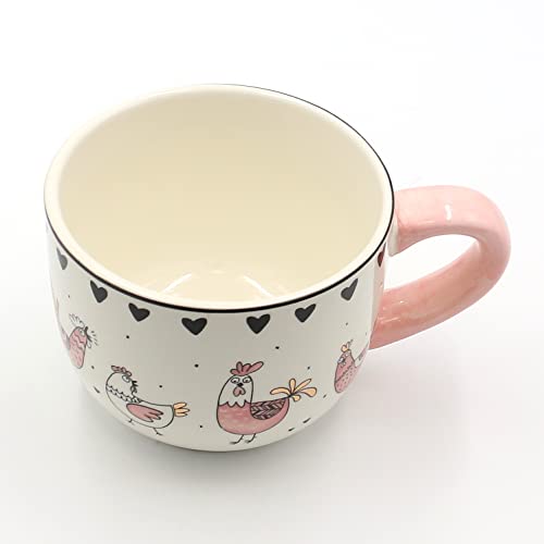 Dekohelden24 Keramik Becher/Kaffeetasse/Teetasse mit lustigen Hühnern in rosa - Creme/weiß, mit Herzen, Größe H/Ø: ca. 8 x 10 cm, Fassungsvermögen ca. 500 ml von Dekohelden24