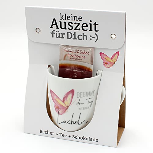 Geschenkset - kleine Auszeit - Tee,- Kaffeebecher/Tasse aus Porzellan+Tee+Schokolade, Motiv: Beginne den Tag mit einem Lächeln, Größe H/Ø: 9,8x8,2 cm, Fassungsvermögen 250 ml, Spülmaschinengeeignet. von Dekohelden24