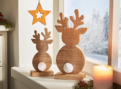 2X Dekofigur Rentier aus recyceltem Holz im Shabby Look, mit weißem Pompom Schwänzchen, Weihnachtsdekoration von Dekoleidenschaft