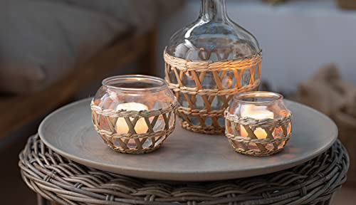 2X Windlicht Geflecht aus Glas, Kerzenglas mit Seegras-Geflecht, Teelichthalter, Kerzenhalter für Stumpenkerzen, Dekoglas, Tischdeko, Glas-Windlicht von Dekoleidenschaft