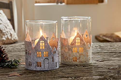 2X Windlicht Leuchtende Stadt aus Glas & Filz, beige & grau, Kerzenständer, Windlicht, Teelichthalter, Teelichtgläser, Tisch-Deko, Windlicht-Glas von Dekoleidenschaft