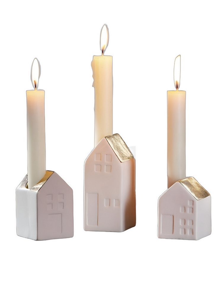 Dekoleidenschaft Kerzenhalter "Häuschen" aus Porzellan in weiß + gold, (3 St., im Set), Kerzenständer für Stabkerzen / Tafelkerzen von Dekoleidenschaft