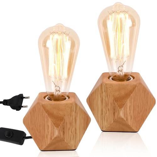 2X Tischlampe aus Holz Schalter, Kleine Nachttischlampe mit Diamant-Holzsockel E27 kompatibel mit Glühlampen LED-Leuchten max60W Perfekt für Schlafzimmer Wohnzimmer oder Büro(Ohne Glühbirne) (2 Stück) von Delamiya