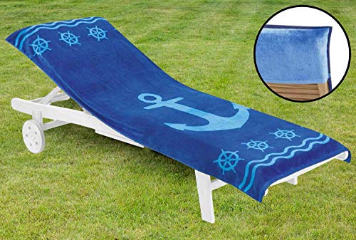 Delindo Lifestyle Frottee Bezug für Gartenliege Anker blau XXL, Schonbezug für Sonnenliegen, Liegenauflage aus 100% Baumwolle, 83x200 cm von Delindo Lifestyle