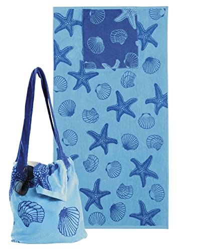 Delindo Lifestyle Frottee Strandtuch mit integrierter Schulter Tasche blau, 100% Baumwolle, Strandlaken in 90x170 cm von Delindo Lifestyle