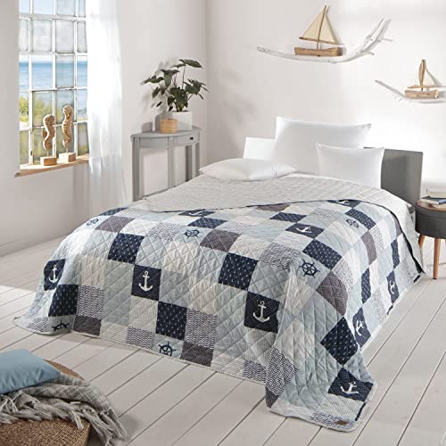 Delindo Lifestyle Tagesdecke Bettüberwurf Maritim, für Einzelbett, 140x210 cm, Patchwork Marine blau von Delindo Lifestyle