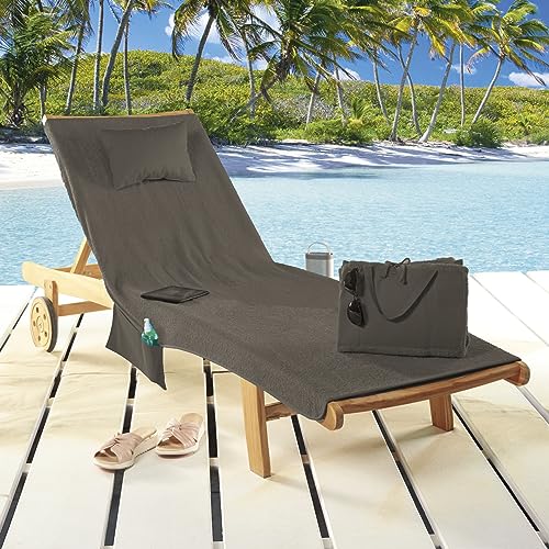 Delindo Lifestyle Frottee Strandliegenauflage Miami anthrazit mit Taschen und Kissen, Bezug für Gartenliege, faltbar aus 100% Baumwolle, 80x180 cm von Delindo Lifestyle