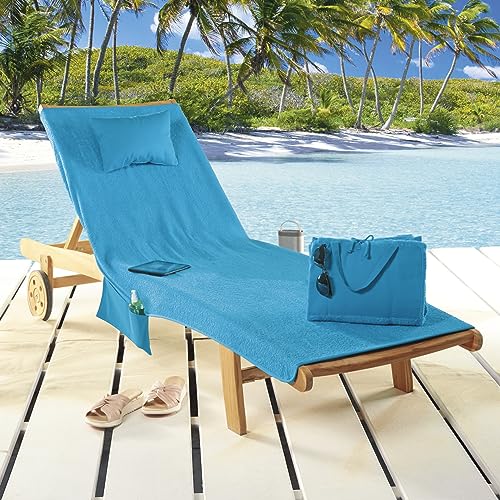 Delindo Lifestyle Frottee Strandliegenauflage Miami türkis mit Taschen und Kissen, Bezug für Gartenliege, faltbar aus 100% Baumwolle, 80x180 cm von Delindo Lifestyle
