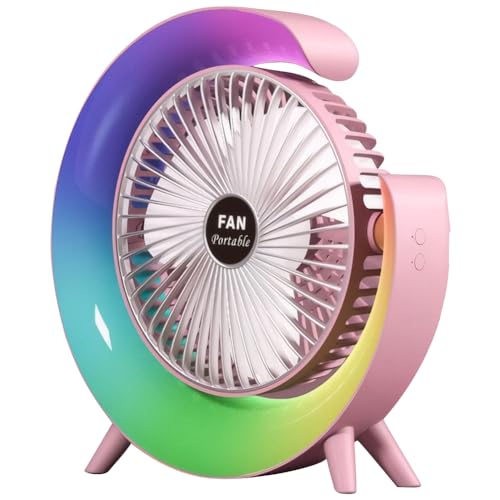 Demiawaking USB Ventilator, Leise Tischventilator 3 Geschwindigkeiten mit buntem LED, Ventilator LED Nachtlicht 5 Stufen Beleuchtung, 180 Grad drehbar Kühler Lüfter 23.5CM (Rosa) von Demiawaking