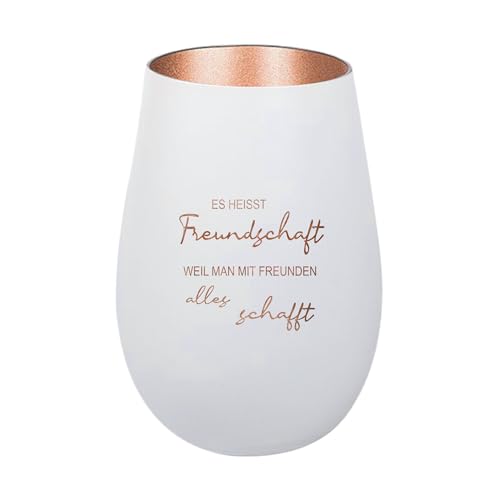 Der-Porzellan-Laden Windlicht mit Gravu Es heißt Freundschaft, Weiß Bronze, Teelichthalter aus Glas mit Spruch, Tischdeko modern von Der-Porzellan-Laden