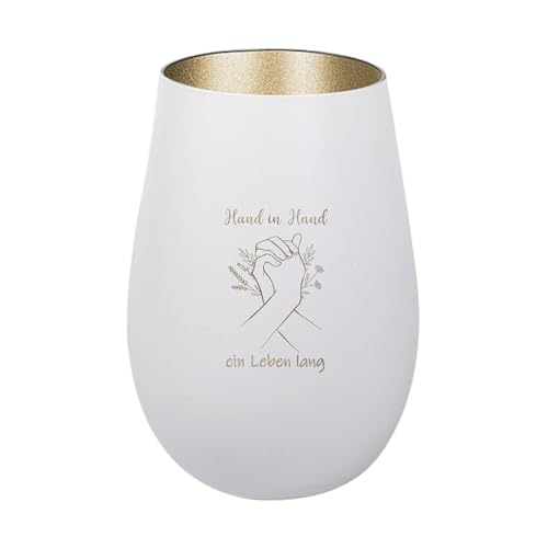 Der-Porzellan-Laden Windlicht mit Gravur Hand in Hand EIN Leben lang, Weiß Gold, Teelichthalter aus Glas mit Spruch, Tischdeko modern von Der-Porzellan-Laden