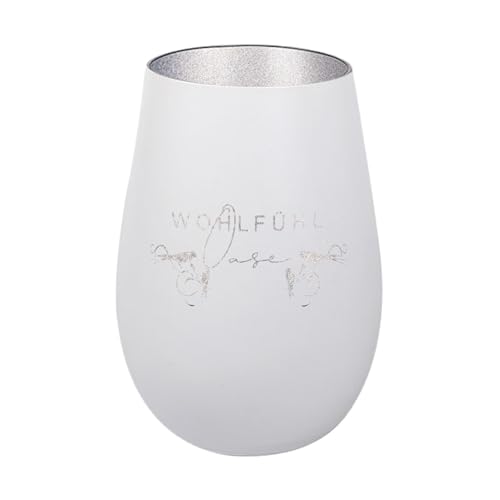 Der-Porzellan-Laden Windlicht mit Gravur Wohlfühloase, Weiß Silber, Teelichthalter aus Glas mit Spruch, Tischdeko modern von Der-Porzellan-Laden
