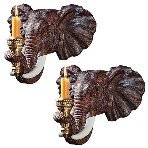 Design Toscano Elefant Afrikanisches Dekor Kerzenhalter Wandlichtskulptur, Polyresin, Vollfarbe, 30,5 cm, 2er Set von Design Toscano
