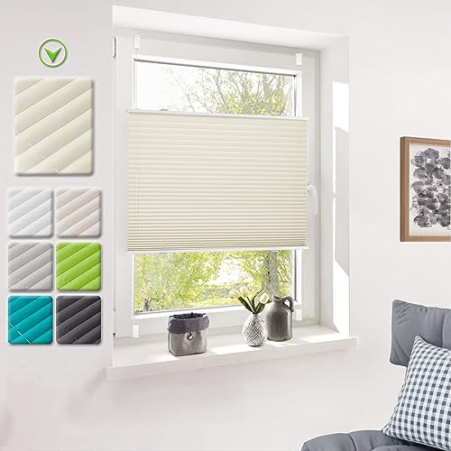 Deswell Plissee Rollo Jalousie ohne Bohren Klemmfix für Fenster & Tür Creme 45x80cm(Breite x Höhe) Plisseerollo Stoff Sonnenschutz leicht zu montieren & Verspannt 4 Locks von Deswell