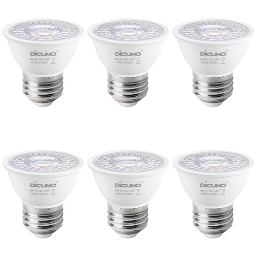 DiCUNO E27 LED Lampe 6W, Kaltweiß 6000K, MR16 LED Scheinwerfer, 500LM in 60° Abstrahlwinkel, Ersetzt 50W Halogenstrahler, PAR16 kurze LED Spot, 90Ra, kein Flackern, nicht dimmbar, 230V, 6er Set von DiCUNO