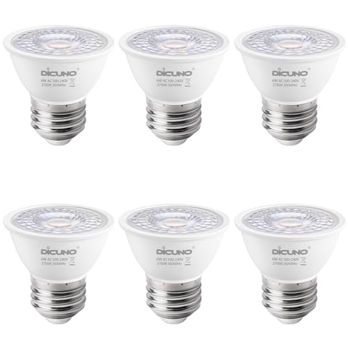 DiCUNO E27 LED Lampe 6W, Warmweiß 2700K, MR16 LED Scheinwerfer, 500LM in 60° Abstrahlwinkel, Ersetzt 50W Halogenstrahler, PAR16 kurze LED Spot, 90Ra, kein Flackern, nicht dimmbar, 230V, 6er Set von DiCUNO