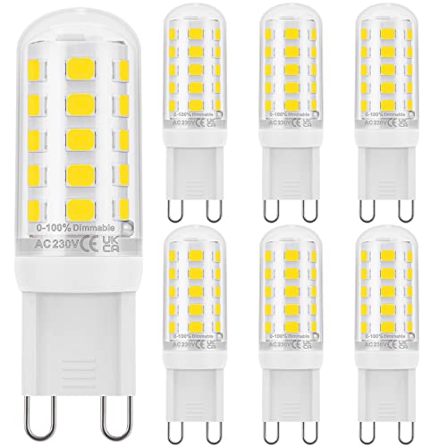 DiCUNO G9 LED dimmbar Kaltweiß 5000K, LED Leuchtmittel 2.6W ersatz 30W Halogenlampe, G9 Steckbirne 260LM, dimmbare G9 LED Lampe, Enegiesparende Birne für Kronleuchter, nicht flackern, AC 230V, 6er Set von DiCUNO