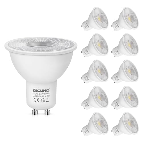 DiCUNO GU10 LED Kaltweiß Lampen 5.5W, ersetzt 50W Halogenlampen, 6000K, 340LM LED Leuchtmittel, schmaler Abstrahlwinkel 45° Reflektorlampen, GU10 Spots 230V, nicht dimmbar, 10 Stück von DiCUNO