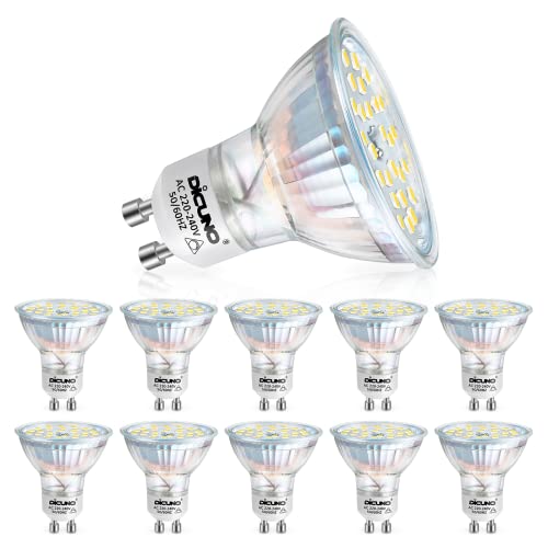 DiCUNO GU10 LED dimmbar Lampe, 4.2W ersetzt 40W Halogenstrahler, Kaltweiß 5000K MR16 LED Spot, 400LM GU10 Reflektorlampe, 85Ra, kein Flackern, 120° Abstrahlwinkel, AC 230V, 10er Set von DiCUNO