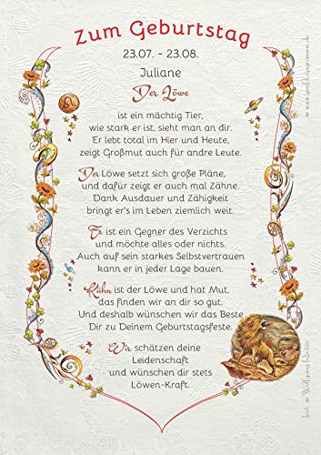 Die Staffelei Geschenk Karte Urkunde Sternzeichen Löwe, Zeichnung mit humorvollem Gedicht, A4 Bild-Präsent für Löwen, 23. Juli bis 23. August, persönlich durch Wunschtext von Die Staffelei