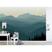 Abnehmbare Tapete Zum Abziehen Und Aufkleben, Tapetenwandbild - Mountain Mural Blue Ombre von DigitalIcons