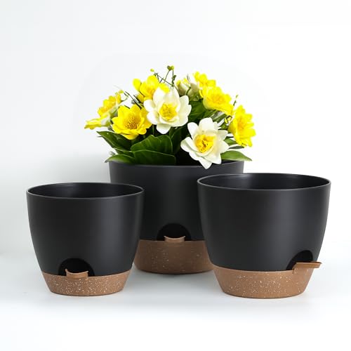 Diivoo 25/22/20 cm Blumentopf Schwarz Set, 3er-Pack Blumentopf selbstbewässernd Pflanzgefäße mit Multi-Mesh-Drainagelöchern und tiefem Reservoir für Gartenpflanzen im Innen- und Außenbereich von Diivoo