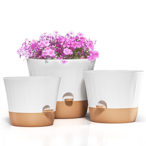 Diivoo 30/27/25 cm Blumentopf Weiß Set, 3er-Pack Blumentopf selbstbewässernd Pflanzgefäße mit Multi-Mesh-Drainagelöchern und tiefem Reservoir für Gartenpflanzen im Innen- und Außenbereich von Diivoo