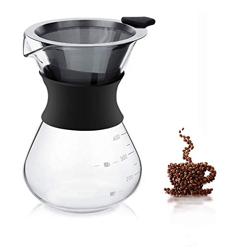 Dioche Kaffeemaschine aus Glas, 400 ml, Glaskaraffe mit Kaffeefilter und Skala, manuelle Kaffeemaschine mit Tropftropfen, Glastopf mit Edelstahlgeflecht von Dioche