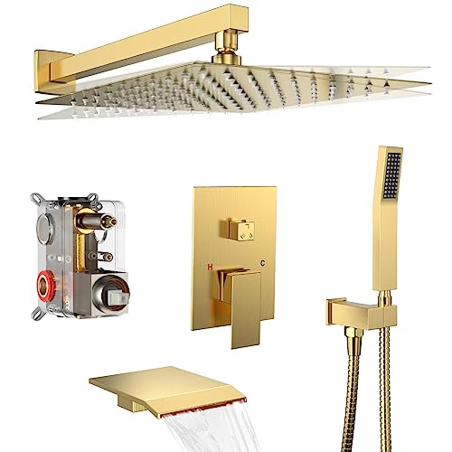 Regenduschsystem 30.5 cm Duscharmatur-Set mit Wannenauslauf, Badezimmer, Wandmontage, Wasserfall-Duschkopf, Badewannenarmatur-Set, inklusive Ventilkörper und Verkleidungsset, gebürstetes Gold von Dlvsoby