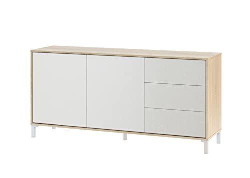 Dmora - Highboard Concord, Modernes Sideboard mit 2 Türen und 3 Schubladen, Buffet im Wohnzimmer, Fernsehschrank, Sideboard für Wohnzimmer, cm 154x41h74, Eiche und Weiß von Dmora